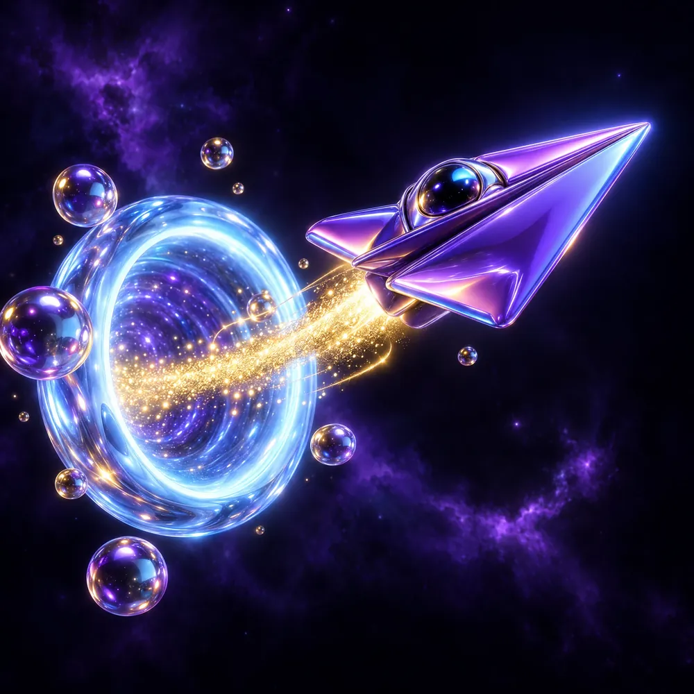 Glossy violet paper-plane spaceship launching through a glowing blue portal with a gold sparkle trail