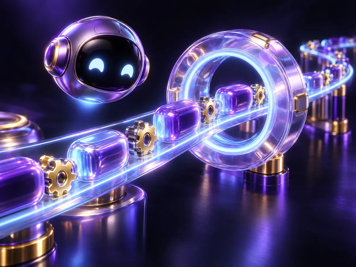 Friendly glowing AI assistant orb floating above a looping track of glossy capsules and gears, symbolizing intelligent business automation