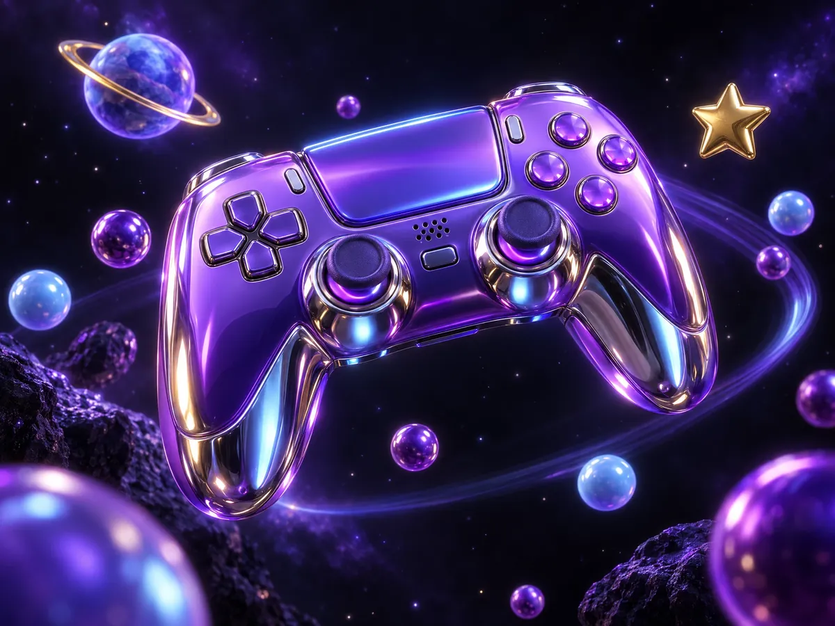 Glossy violet and chrome game controller floating among bouncing spheres, a ringed planet and a gold star, representing interactive entertainment