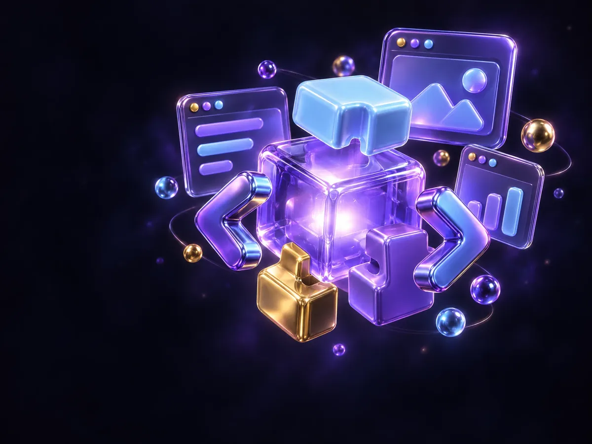 Glossy 3D app windows and building blocks snapping together around a glowing violet glass cube, symbolizing custom software engineering