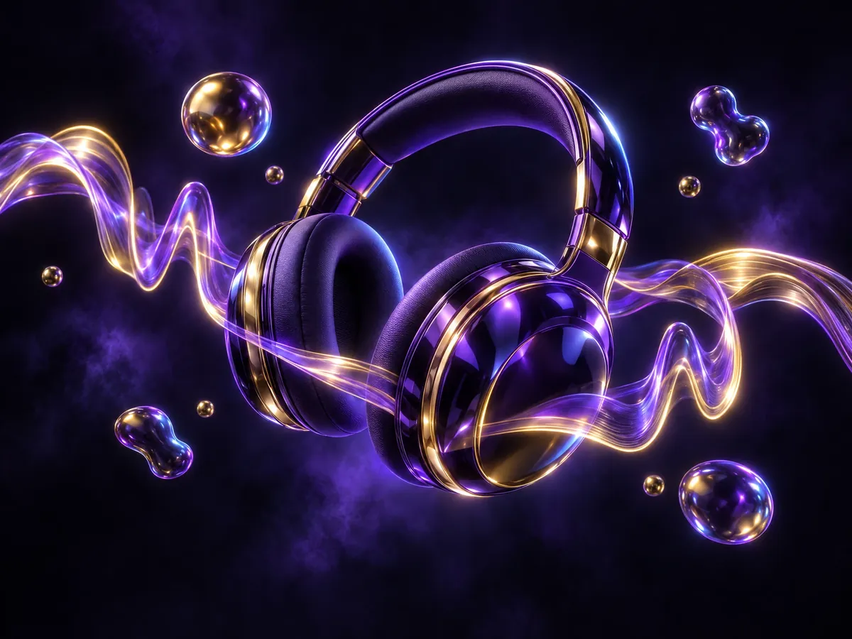 Glossy purple headphones wrapped in a ribbon of luminous purple and gold sound waves, representing SonicMuse AI music creation